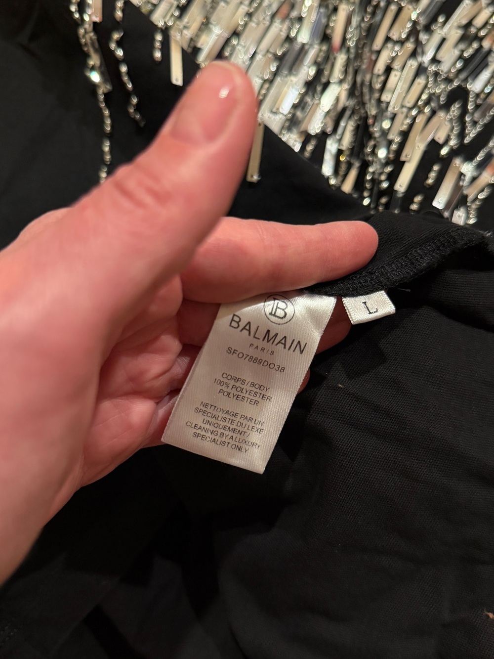 Balmain Black Tee with Silver Sequin Cascades size L - Picture 4 of 7